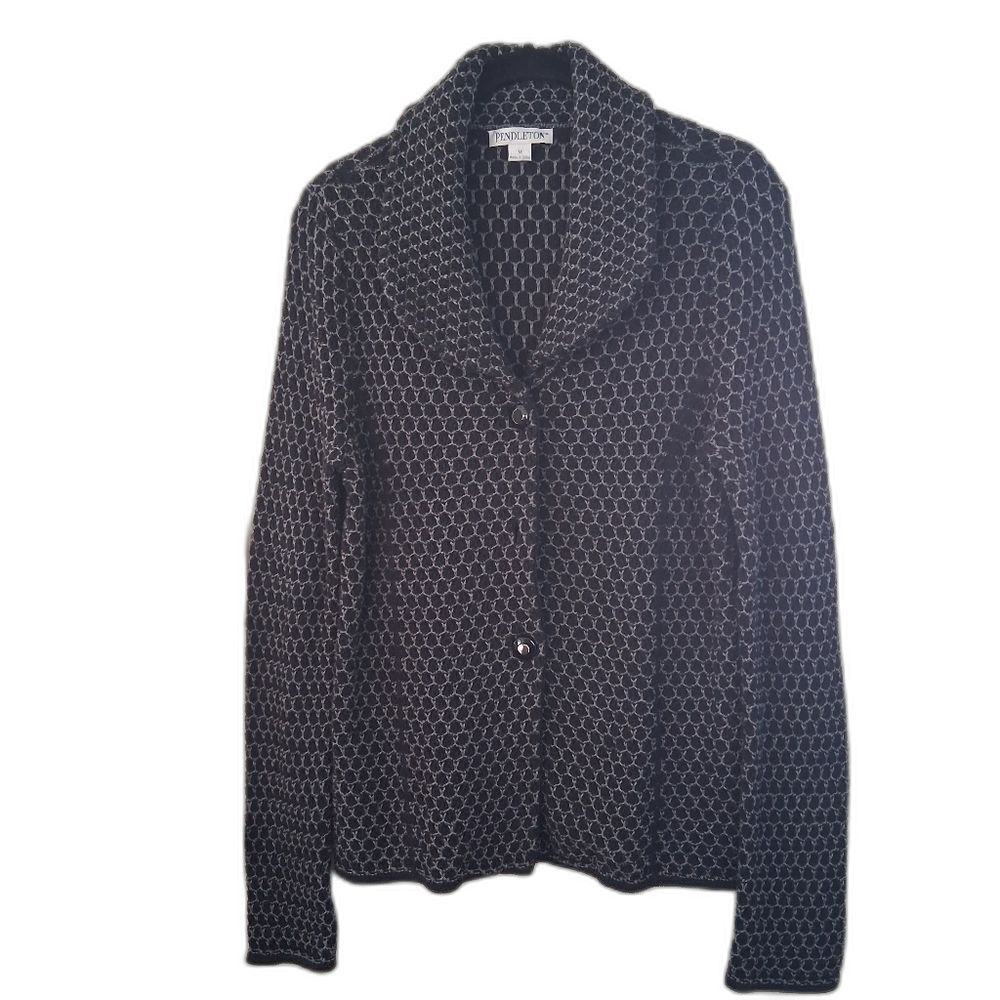 Pendleton Women's Black and Gray Patterned Cotton Woven Knit Cardigan Blazer
